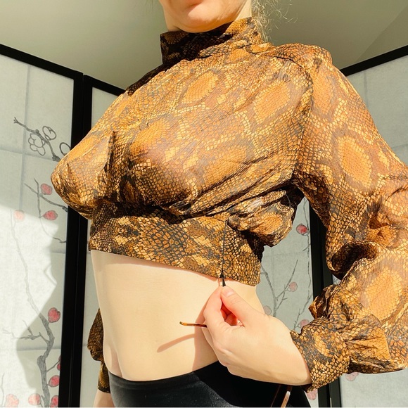 Zara Python Gold Dramatic Balloon Sleeves Sheer Crop Top - Picture 4 of 16